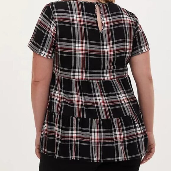 TORRID 00 Plus Size Black Red Plaid Shirred Hem Top Short Sleeve Babydoll 10 M L - Picture 4 of 14